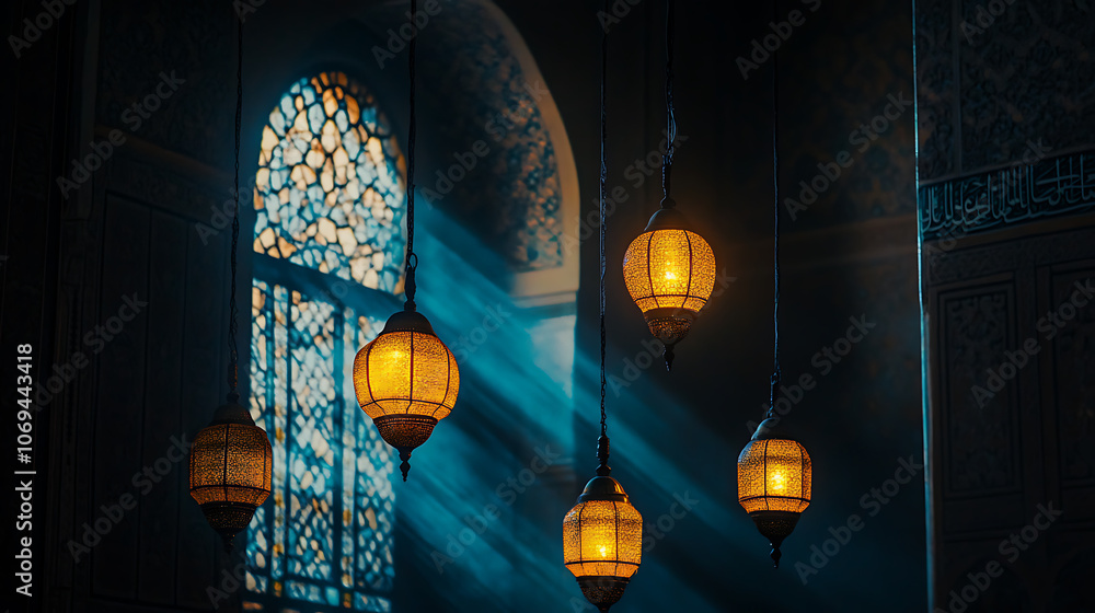 Poster moonlight shining through the window to the inside of an islamic mosque with hanging lanterns