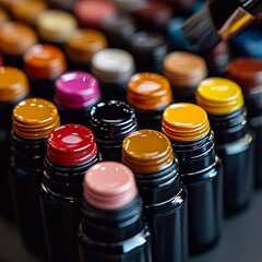 Application of colored varnish on nails, focus on brush and varnish. 3:2