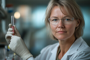 Scientist woman in lab coat holding a test tube ,professionalism and dedication to science.