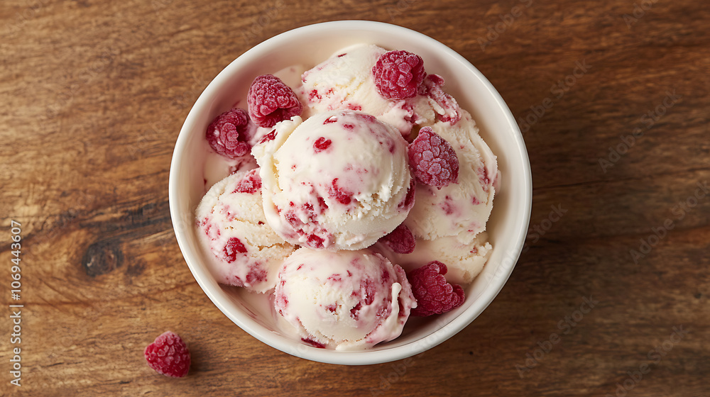 Aufkleber raspberry ice cream in white bowl on wooden table