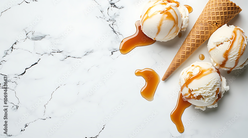 Aufkleber scoops of ice cream with caramel sauce and cone on white marble table, closeup, space for text