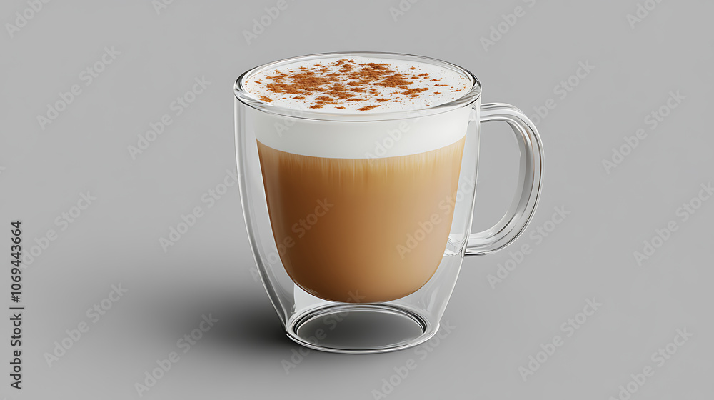 Poster side view of delicious cappuccino coffee with milk foam sprinkled with cinnamon in a transparent gla