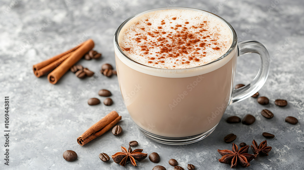 Aufkleber side view of delicious cappuccino coffee with milk foam sprinkled with cinnamon in a transparent gla