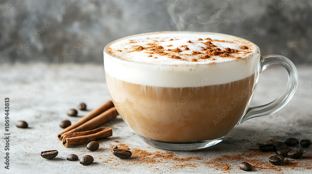 Poster side view of delicious cappuccino coffee with milk foam sprinkled with cinnamon in a transparent gla