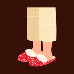 Legs in beige striped pyjama and cosy red slippers. Christmas hand drawn vector illustration.