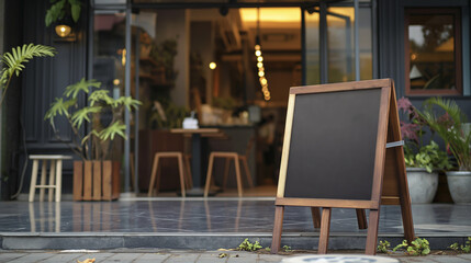 Blank black chalkboard menu sign in front of coffee shop. Generative AI