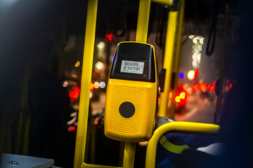 Bus with a validator for self-payment. Fare control without a conductor. Non-cash transport...
