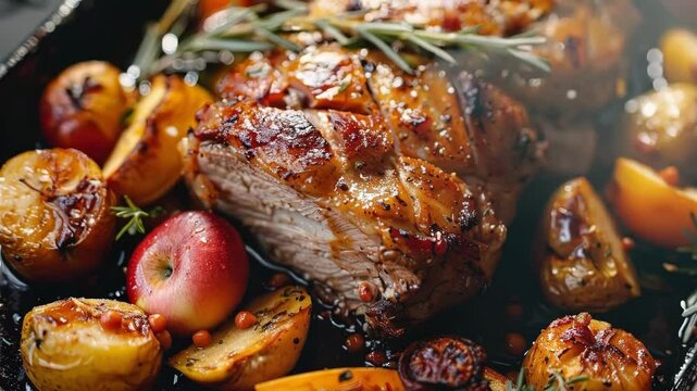 Sliced pork loin roast with crispy roasted skin rests in a cast iron skillet after cooking, surrounded by roasted potatoes and apples