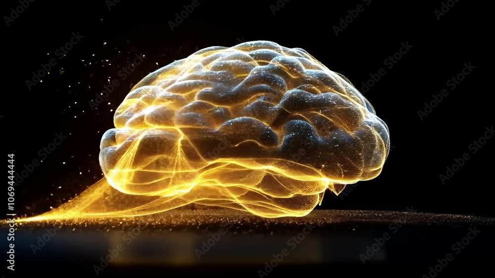 Poster a colorful representation of a brain emits particles in a dark setting, showcasing creativity