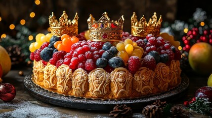 Three Kings cake centerpiece with vibrant fruits, royal crowns, children marveling at the scene, holiday atmosphere