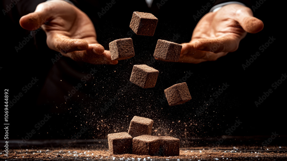 Poster hands toss cocoa-dusted cubes into the air against a dark background. concept of dynamic motion and 