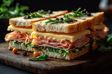 
Composition of several sandwiches with cheese and ham on a wooden board with space for text below.