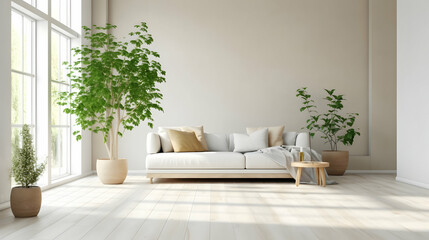 A light-filled room with a white couch, potted plants, and large windows. Light beige walls and light wood floors.