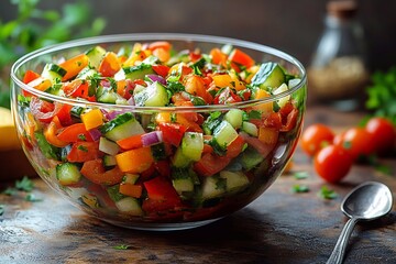 
Composition of vegetable salad in a transparent bowl on a wooden background with a spoon next to it, empty space for text on the right.