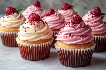 
Elegant arrangement of cupcakes on a white table, space for text on the right.