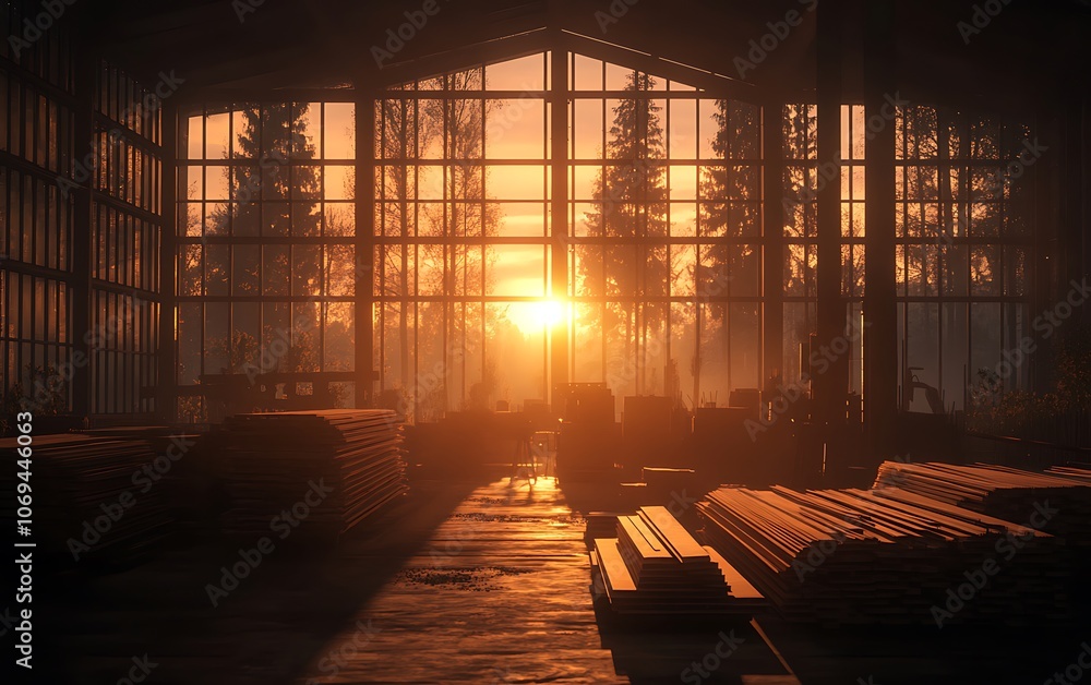 Aufkleber a serene warehouse at sunset, featuring wooden pallets and a warm glow filtering through large windo