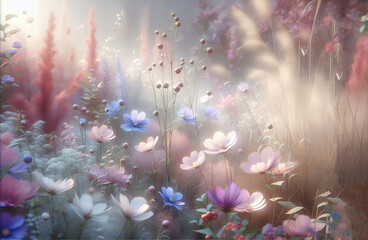 A serene and enchanting landscape of colorful flowers, delicate grasses and a gentle mist.