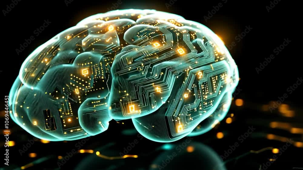 Poster digital brain illustration combining technology and neuroscience with glowing circuits and lights