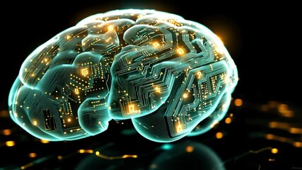 Digital brain illustration combining technology and neuroscience with glowing circuits and lights - Powered by Adobe