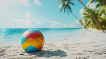Obraz premium Vibrant beach ball on sandy shoreline with palm trees in tropical paradise 