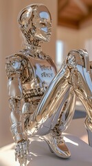Futuristic silver robot sitting indoors in modern setting