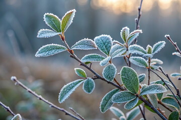 Fototapeta premium Frosty green leaves on branch against blurred background