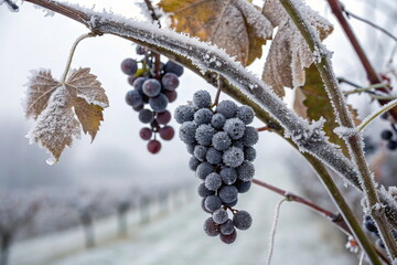 Frozen grapes on vine branch in winter frost