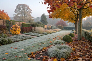 Misty autumn garden with colorful trees and frosty path