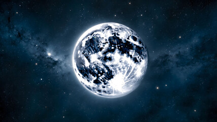 digital artwork featuring a stylized, luminous planet against a starry cosmic background.