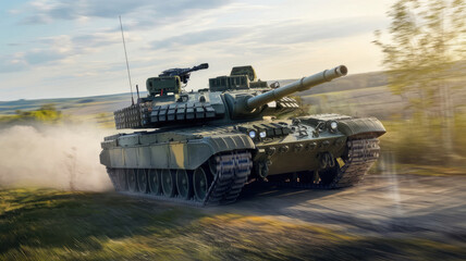 A large tank is driving through a field. The tank is surrounded by a cloud of dust, and the sky is cloudy. Scene is intense and powerful, as the tank is moving quickly through the terrain