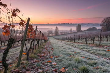 Misty vineyard at frosty autumn sunrise