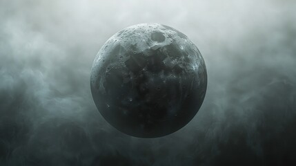 A full moon illuminated through swirling fog on a calm night sky