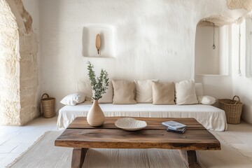 Mediterranean-inspired minimalist living room with rustic accents