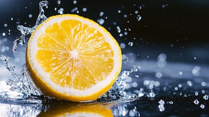 Halved lemon plunges into inky water, vibrant citrus against black, splash frozen in motion, energetic breakfast vibe, rich detail