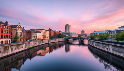 Obraz premium Beautiful architecture of Birmingham city canal at dawn isolated with white highlights, png