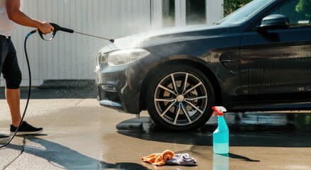 Person pressure washes car, showing cleaning process and tools