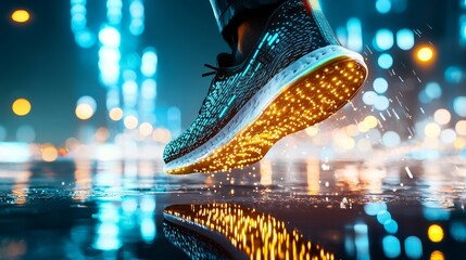 Dynamic action shot, close-up of a sneaker with luminous accents, running across a wet street, vivid blue and orange urban lights in the background