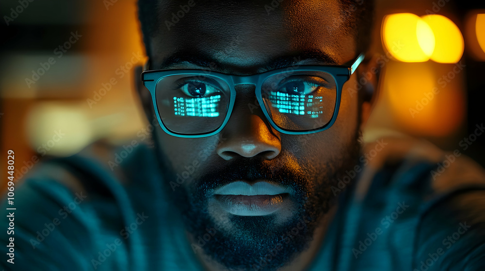Aufkleber close-up portrait of a man wearing glasses with code reflection - realistic image