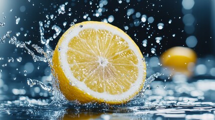 Dynamic close-up of a halved lemon splashing in dark water, droplets frozen mid-air, citrus vibrant against deep shadows, breakfast zest moment
