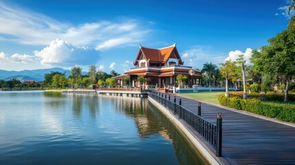 Serene Lakeside Pavilion with Scenic Background