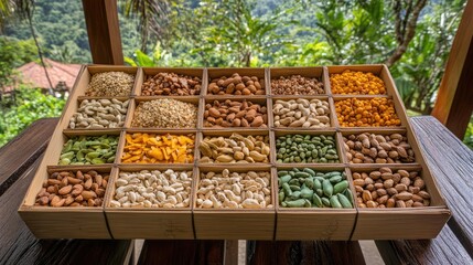 Varied Nuts and Seeds in Wooden Organizer Tray
