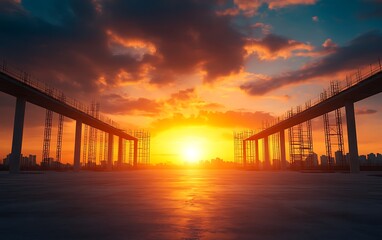 Fototapeta premium A vibrant sunset illuminates a construction site, casting warm hues over the pillars and creating a dramatic atmosphere.