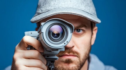 Obraz premium Man holds camera lens to his eye while wearing a gray cap against a blue background. Concept of photography and focus.