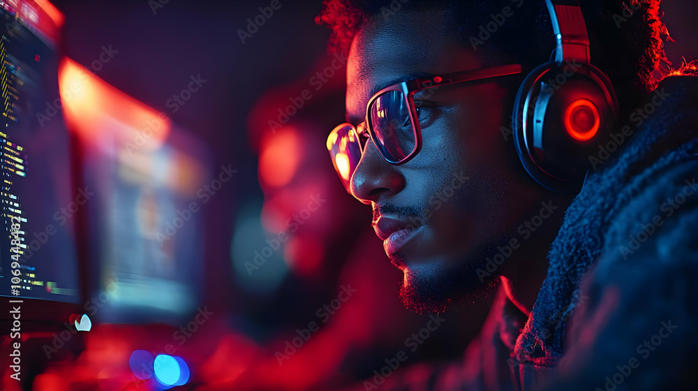 Poster man with glasses and headphones focused on computer screen - realistic image