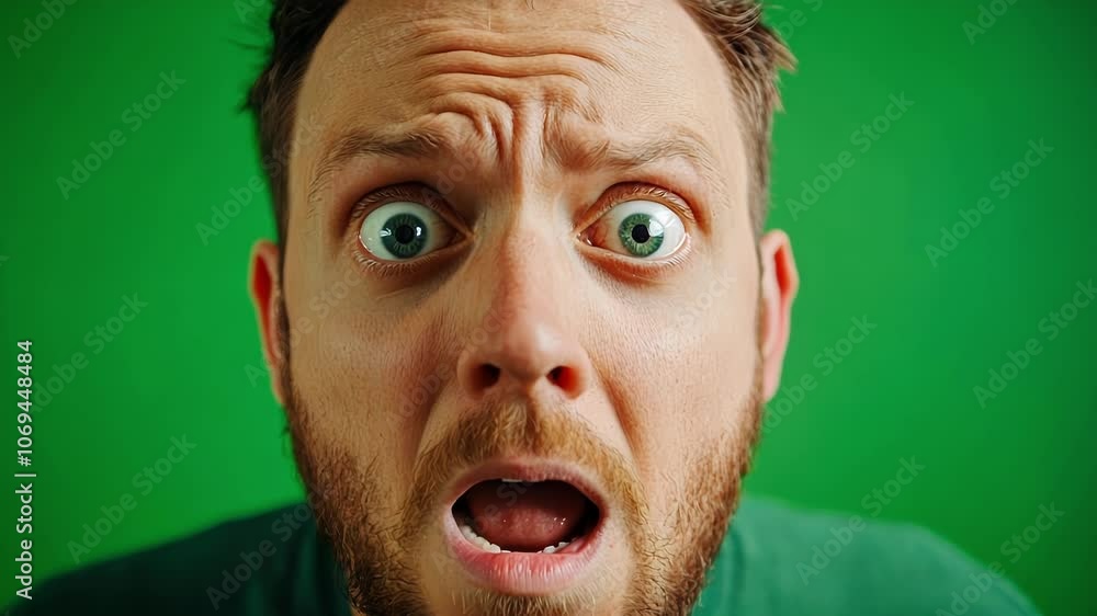 Poster close up of a bearded man displaying a surprised expression against a green screen background. the a