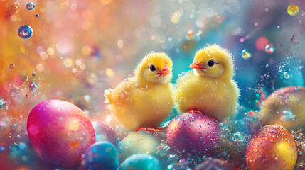 Abstract Easter chicks and eggs in a vibrant background.Abstract Easter chicks and eggs in a vibrant background.