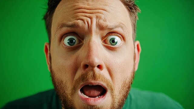 Close up of a bearded man displaying a surprised expression against a green screen background. The astonished look captures a range of emotions, including shock and disbelief