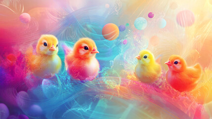 Abstract Easter chicks and eggs in a vibrant background.Abstract Easter chicks and eggs in a vibrant background.
