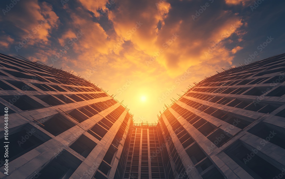 Poster a dramatic view of a sunset framed by tall buildings, with a warm glow illuminating the sky and cast