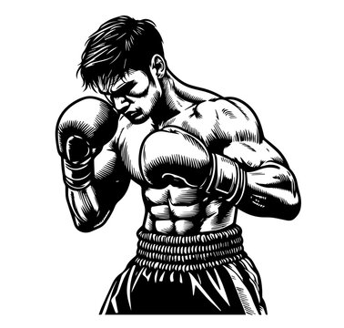 boxer in black and white stance clip art preview